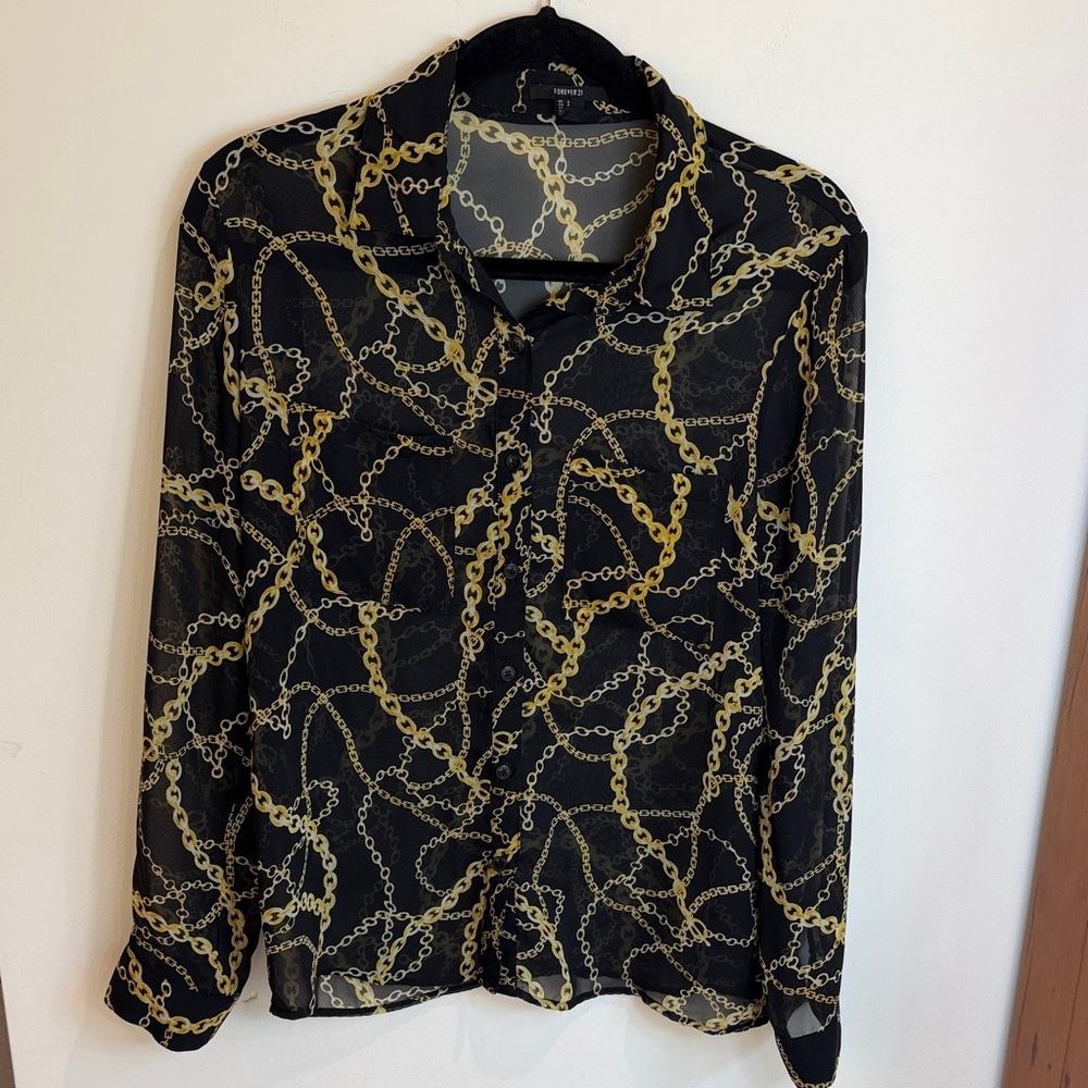 Sheer Black Gold Chain Print Button-Up Blouse, S - Preppy, Parisian Chic